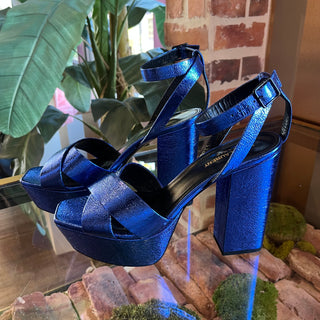 SAINT LAURENT Farrah 80MM Metallic Blue Calfskin Platform Heels Size 40