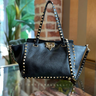 VALENTINO GARAVANI Rockstud Medium Black Pebbled Calfskin Tote
