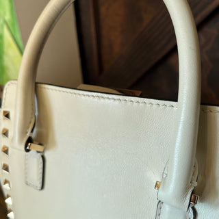 VALENTINO Trapeze Small White Calfskin Leather Rockstud Tote