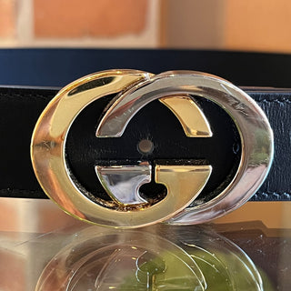 GUCCI Interlocking G Two Tone Buckle Black Leather Belt SZ 75/30