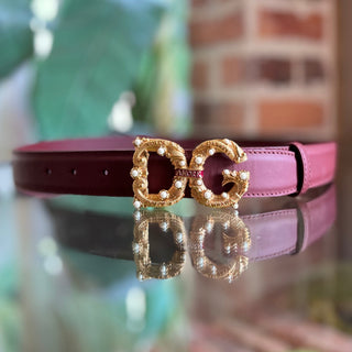 DOLCE & GABBANA Amore Pearl Logo Maroon Leather Belt
