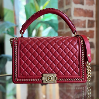 CHANEL Boy Red Quilted Calfskin Leather Top Handle Bag