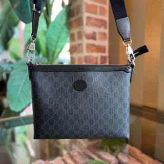 GUCCI Messenger Black GG Supreme Monogram Azalea Calfskin Retro Interlocking G Wristlet Crossbody Bag