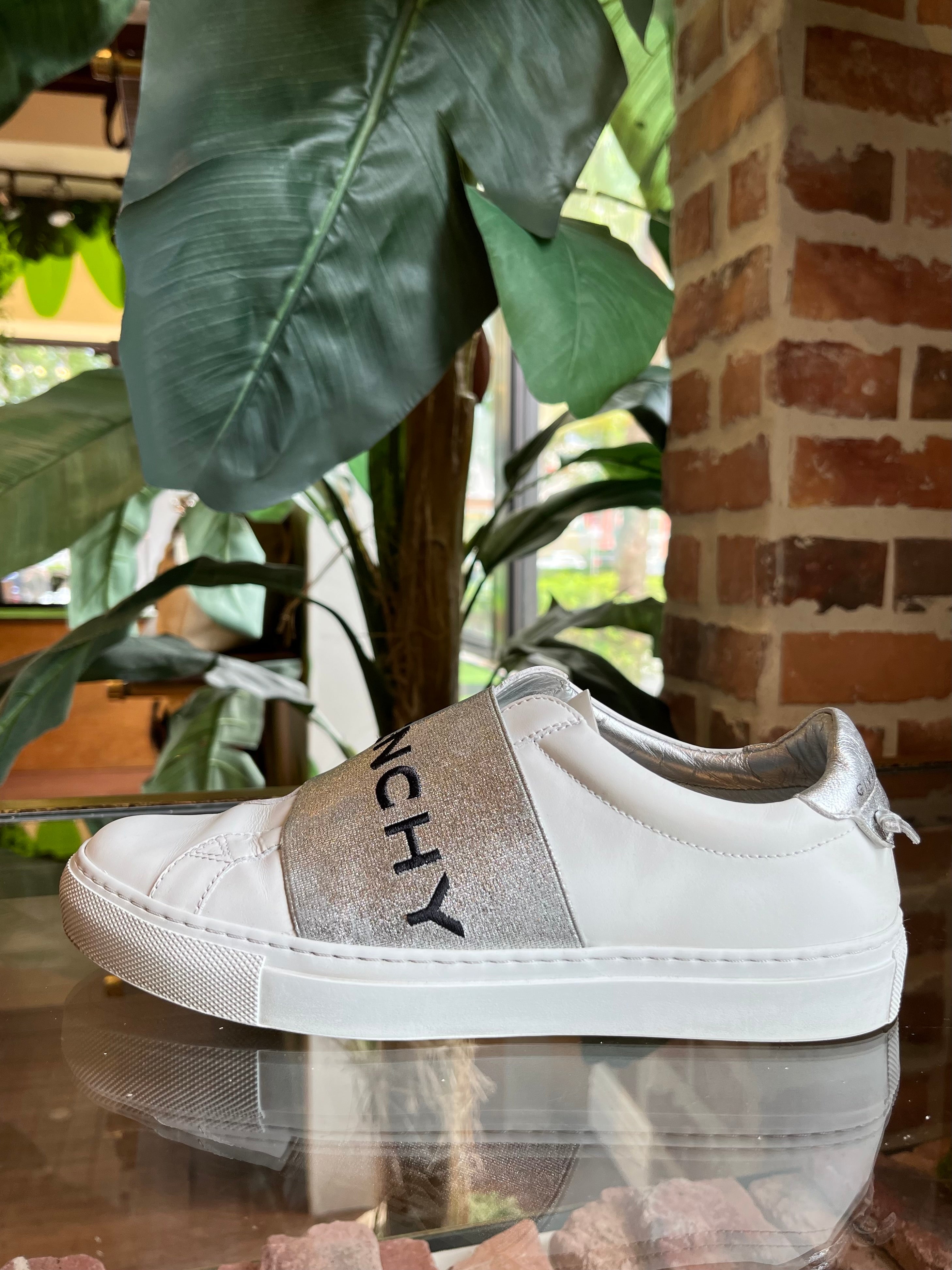 GIVENCHY White Leather Silver Elastic Logo Printed Urban Street