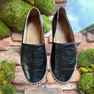 CHANEL CC Black Leather Espadrilles SZ 36 (US 6)