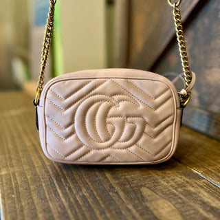 GUCCI Pink Calfskin Matelasse Mini GG Marmont Chain Crossbody