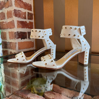 JIMMY CHOO Gold Tone Studded White Leather Heels SZ 35.5 (US 5.5)