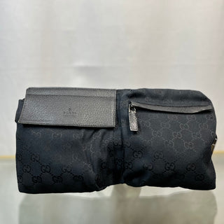 GUCCI Double Pocket Black GG Monogram Canvas Belt Bag