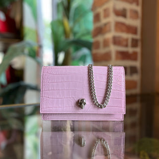 ALEXANDER MCQUEEN Mini Pink Calfskin Crocodile-Embossed Skull Crossbody