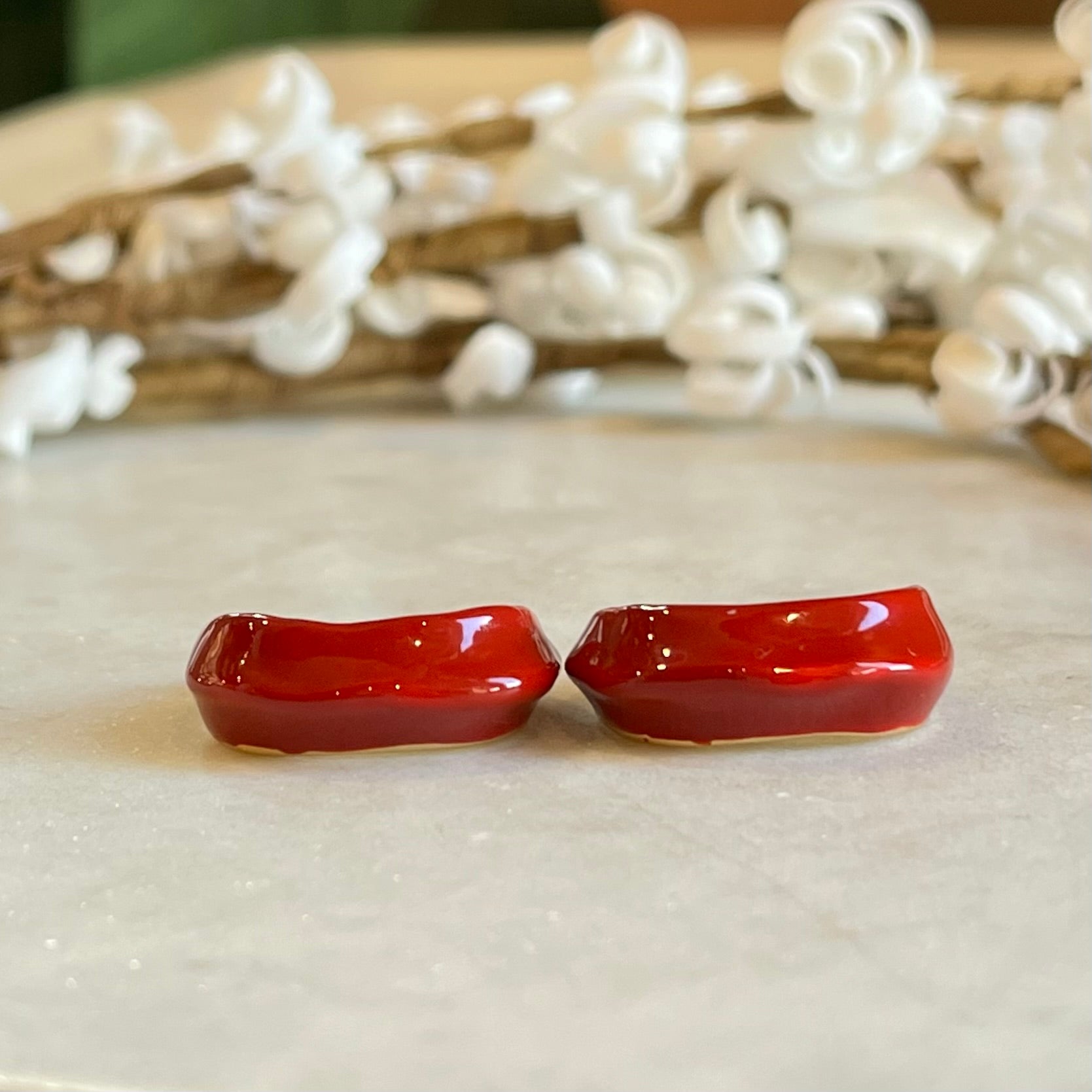 CELINE Red Enamel and Gold-Tone Twisted Hoop Earrings