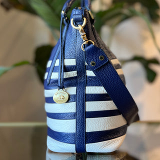 BRAHMIN Shoulder Bag Navy Blue Striped Leather Shoulder Bag