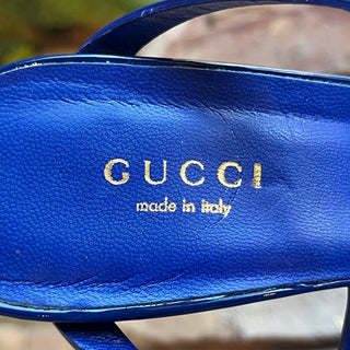 GUCCI Ursula Horsebit Blue Patent Leather Ankle Strap Heels SZ 37 (US 7)
