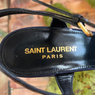 SAINT LAURENT Navy Blue Canvas Polka Dot Bianca Platform Sandals SZ 38 (US 8)