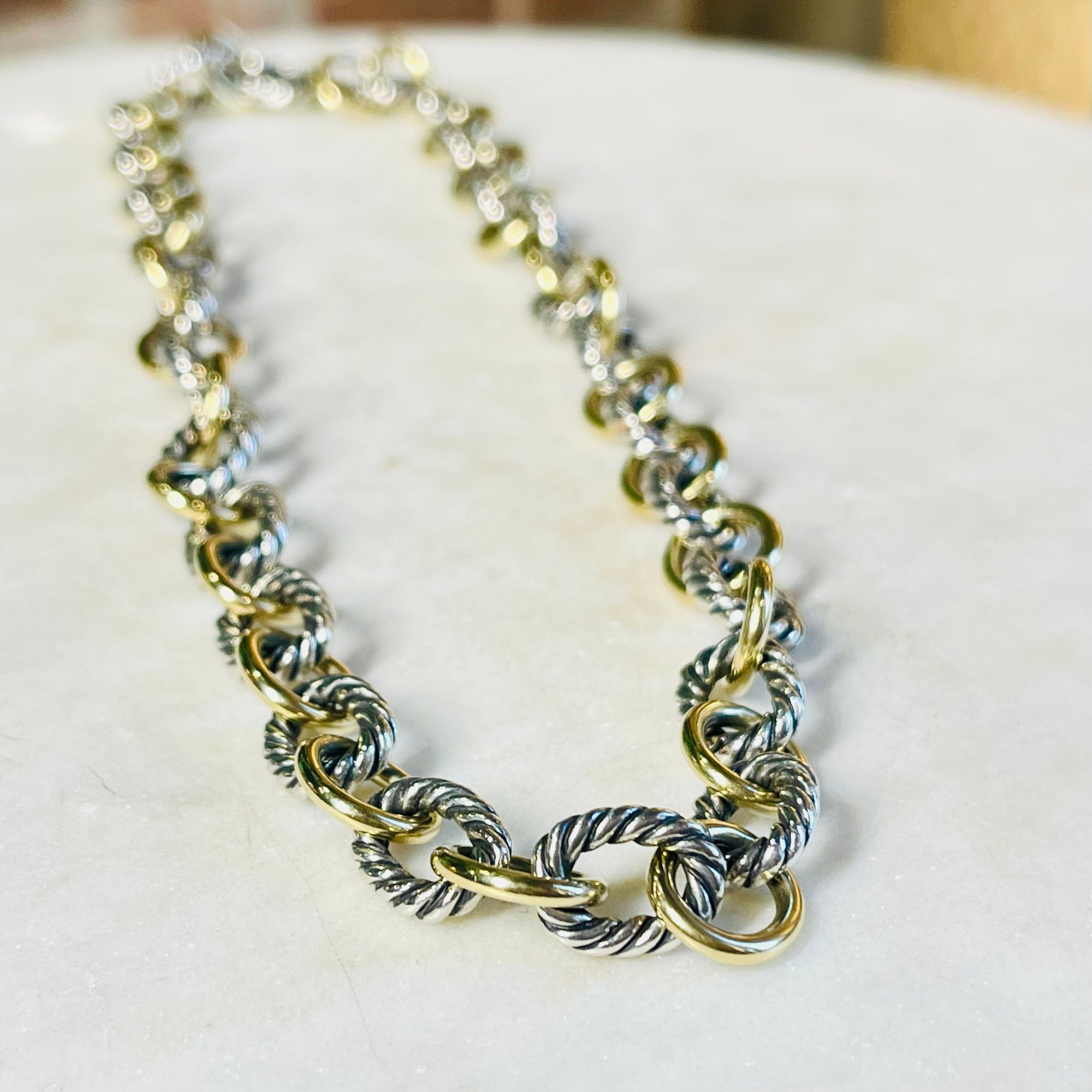 DAVID YURMAN 925 Sterling Silver 750 18K Gold Figaro Chain Choker Necklace