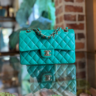 CHANEL Small Classic Double Flap Green Lambskin Quilted Shoulder Bag