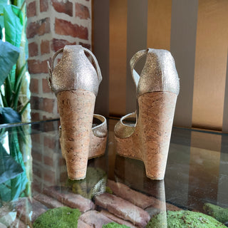JIMMY CHOO Rose Gold Glitter Cork Wedges SZ 35 (US 5)