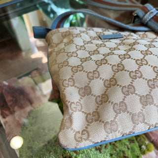 GUCCI Small Beige Blue GG Canvas Web Strap Zip Messenger Crossbody Bag