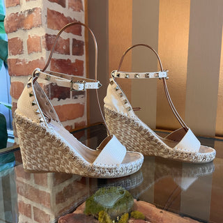 VALENTINO White Leather Rockstud Ankle Strap Wedges SZ 37 (US 7)