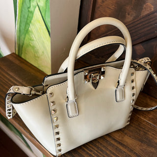 VALENTINO Trapeze Small White Calfskin Leather Rockstud Tote