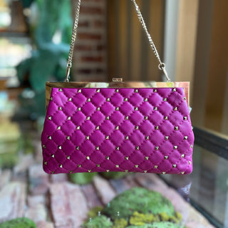 VALENTINO Magenta Rockstud Embellished Leather Clutch