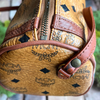 MCM Cognac Visetos Tan Canvas Barrel Crossbody Bag