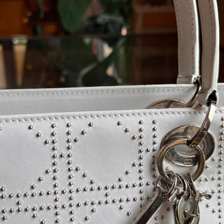DIOR Lady Dior East West White Calfskin Leather Studded Tote Bag
