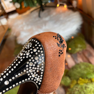 PRADA Brown Floral Beaded T Strap  Crystal Embellished Heels SZ39(9US)