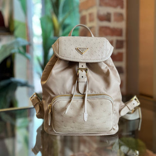PRADA Small Re-Nylon Beige Nylon & Ostrich Leather Backpack Bag