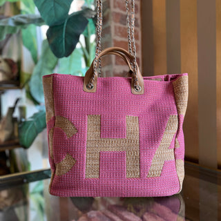 CHANEL Deauville Large Printed Logo Mixed Fibers Shopping Tote
