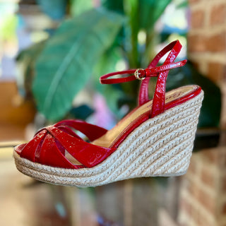 GUCCI Penelope Microguccissima Red Patent Leather Espadrille Wedges Size 40