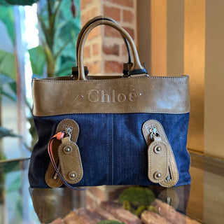 CHLOE Medium Blue Denim Logo Tote