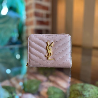 SAINT LAURENT Cassandre Matelassé Dark Beige Grain De Poudre Leather Compact Wallet