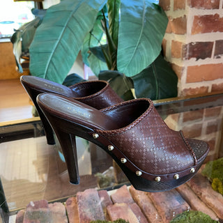 GUCCI Brown Diamante Leather Wood Clogs SZ 39.5