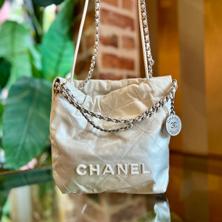 CHANEL 22 Mini White Silver Ombre Quilted Shiny Calfskin Tote Bag