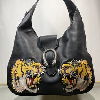 GUCCI Black Leather Embroidered Tiger Head Large Dionysus Hobo Bag