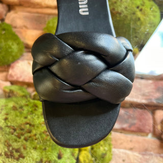 MIUMIU Black Leather Braided Slip On Sandal SZ 37 (US 7)