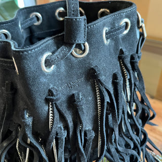 SAINT LAURENT Emmanuelle Large Fringe Black Suede Bucket Bag