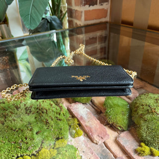 PRADA Small Vitello Daino Black Wallet On Chain Crossbody Bag