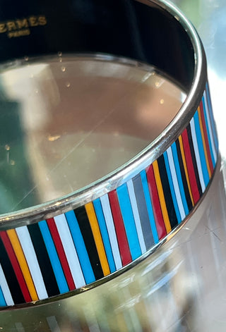 HERMES Multicolor Striped Enamel Wide Bangle Bracelet