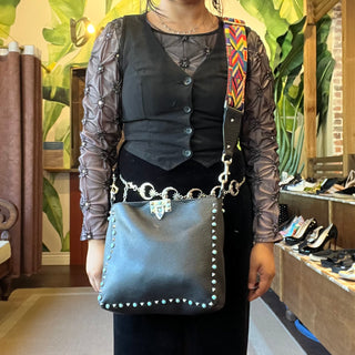 VALENTINO GARAVANI Rockstud Rolling Flip-Lock Messenger Bag Pebbled Calfskin Crossbody