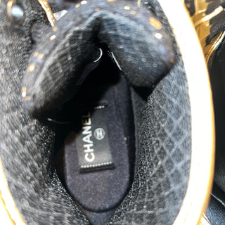 CHANEL Metallic Lambskin and Tweed CC High Top Sneakers 37.5