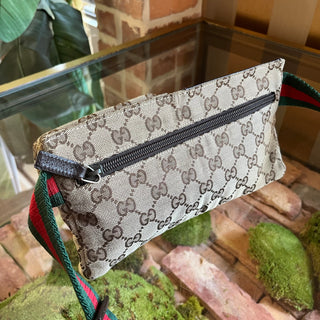 GUCCI Beige Brown GG Web Canvas Double Pocket Belt Bag
