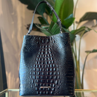 BRAHMIN Amelia Bucket Dark Brown Melbourne Croc Embossed Leather Bucket Bag