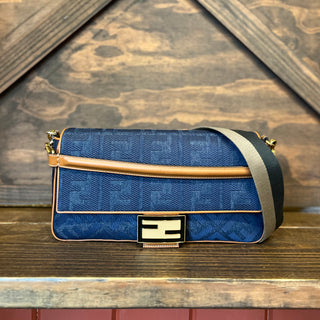 FENDI Baguette Blue Denim Cuoio Vitello King FF Embroidered Shoulder Bag