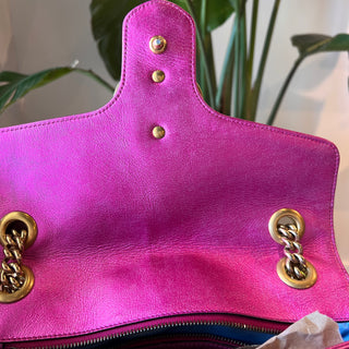 GUCCI GG Marmont Small Pink Metallic Diagonal Quilted Flap Shoulder Bag