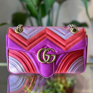 GUCCI GG Marmont Small Pink Metallic Diagonal Quilted Flap Shoulder Bag