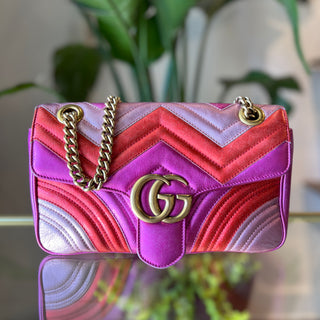 GUCCI GG Marmont Small Pink Metallic Diagonal Quilted Flap Shoulder Bag
