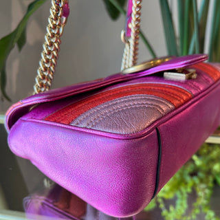 GUCCI GG Marmont Small Pink Metallic Diagonal Quilted Flap Shoulder Bag