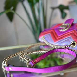 GUCCI GG Marmont Small Pink Metallic Diagonal Quilted Flap Shoulder Bag