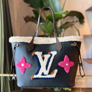 LOUIS VUITTON Neverfull MM Black Calfskin Leather Monogram Teddy Shearling Tote